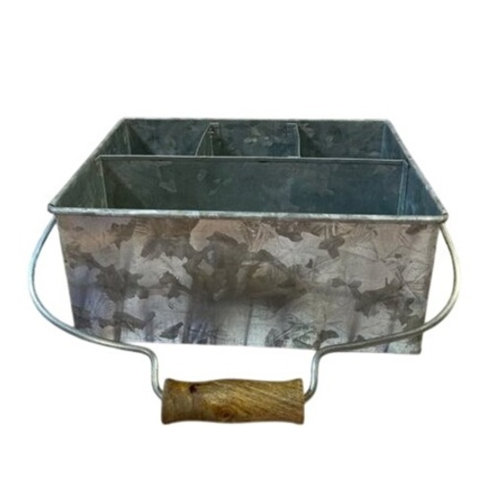 Galvanized Metal Caddy Organizer Wood Handle 3 Compartment Rustic Farmhouse